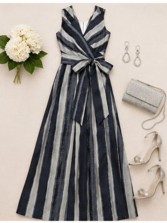 Donna Karan Dresses & Skirts - Donna Karan Navy and Silver Striped Maxi Wrap Dress